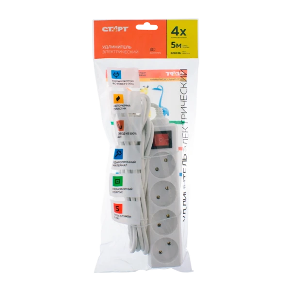 Удлинитель Старт S 4р.Б/З 10A 5.0м с выкл. IP20 белый (1/20)