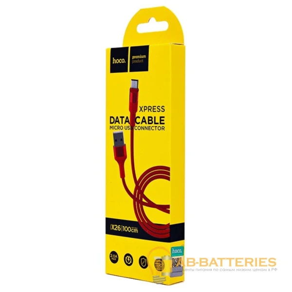 Кабель HOCO X26 USB (m)-microUSB (m) 1.0м 2.0A нейлон красный (1/30/300)