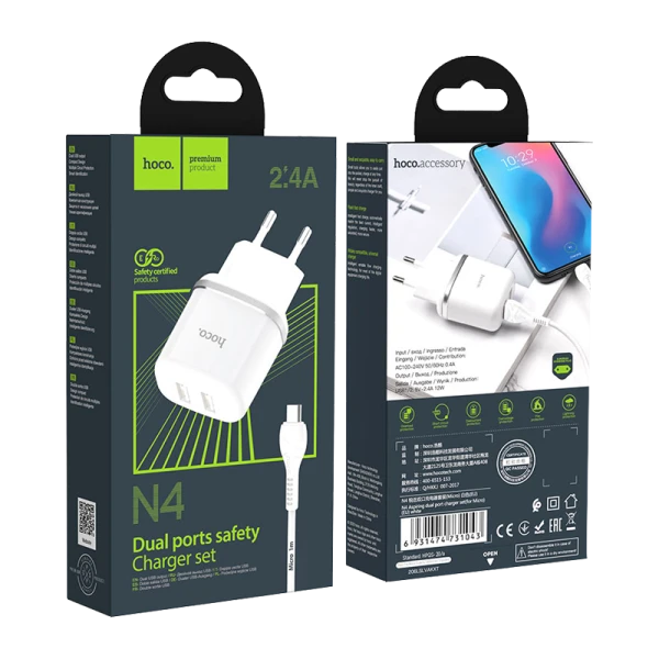 Сетевое З/У HOCO N4 2USB 2.4A с кабелем microUSB белый (1/12/120)