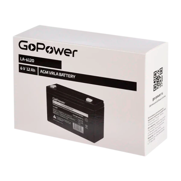 Аккумулятор свинцово-кислотный GoPower LA-6120 6V 12Ah клеммы T2/ F2 в картонной упаковке