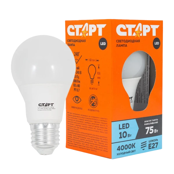 Лампа светодиодная Старт GLS E27 10W 4000К 220V груша Eco матовая (1/10/100)