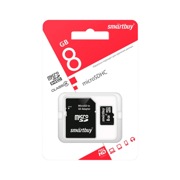 Карта памяти microSD Smartbuy 8GB Class4 4 МБ/сек с адаптером