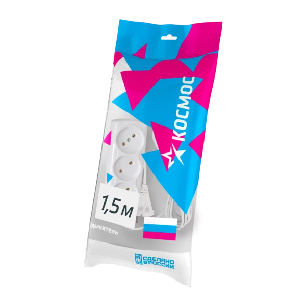 *Удлинитель Космос 3р.Б/З 6A 1.5м ШВВП 2x0.75мм белый (1/60) 