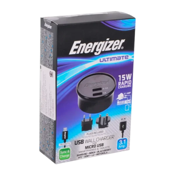 Сетевое З/У Energizer Ultimate 2USB 3.1A с кабелем microUSB черный