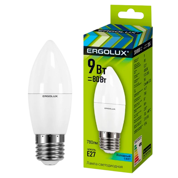 Лампа светодиодная Ergolux C35 E27 9W 4500К 172-265V свеча (1/10/100)