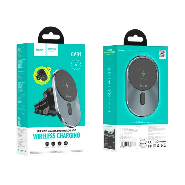 Держатель автомобильный HOCO CA91 в воздуховод бесп. зарядка Qi черный (1/84)