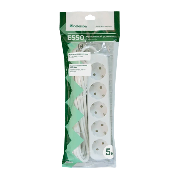 Удлинитель Defender E550 5р.С/З 10A 5.0м белый (1/30)