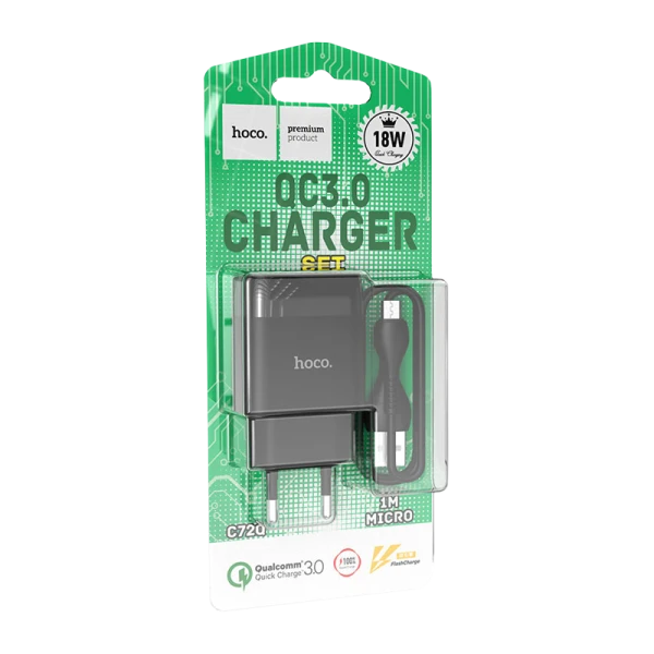 Сетевое З/У HOCO C72Q 1USB 2.4A 18W QC3.0 с кабелем microUSB черный (1/30/180)