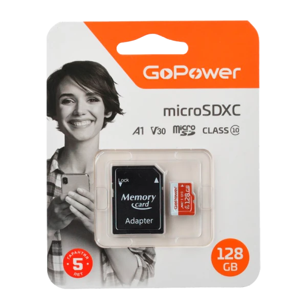 Карта памяти microSD GoPower 128GB Class10 UHS-I (U3) 100 МБ/сек V30 с адаптером