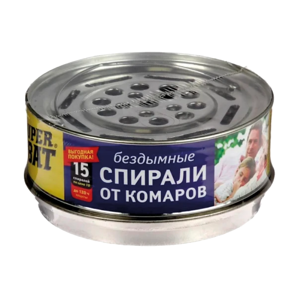 Спирали SuperBAT от комаров бездымные 15шт. черный в металической банке (1/24)