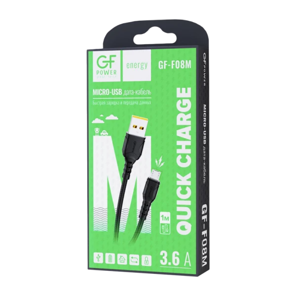 Кабель GFPower F08M USB (m)-microUSB (m) 1.0м 3.6A ПВХ черный (1/120/480)