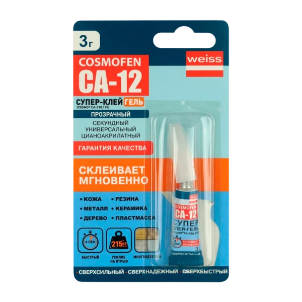 Супер-клей COSMOFEN CA-12 ГЕЛЬ 3г BL1 (на крючок) тюбик (1/24)