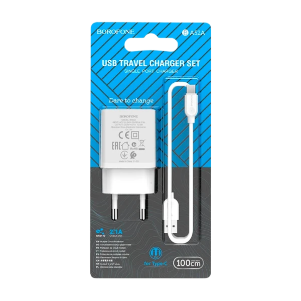Сетевое З/У Borofone BA52A 1USB 2.1A с кабелем Type-C белый (1/48/192)