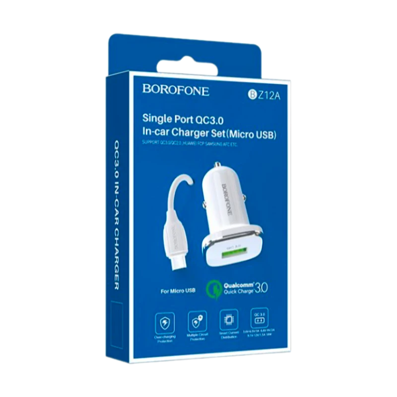 Автомобильное З/У Borofone BZ12A 1USB 3.0A QC3.0 с кабелем microUSB белый (1/44/176)