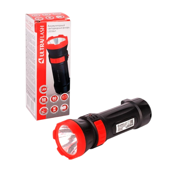 Фонарь туристический Ultraflash LED3849 4W 1LED от аккумулятора IPX4 прямая подзарядка черный желтый