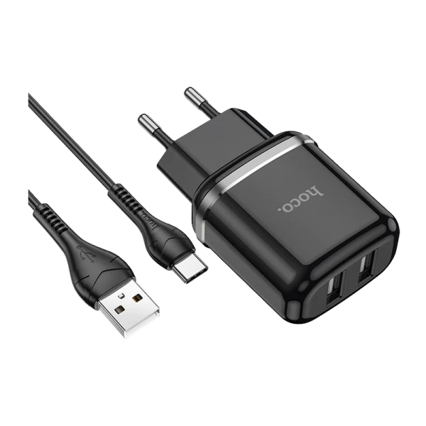 Сетевое З/У HOCO N4 2USB 2.4A с кабелем Type-C черный (1/12/120)