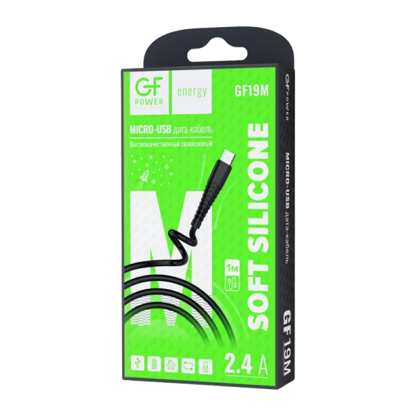 Кабель GFPower 19M USB (m)-microUSB (m) 1.0м 2.4A силикон черный (1/120/480)