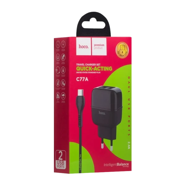 Сетевое З/У HOCO C77A 2USB 2.4A с кабелем microUSB черный (1/12/120)