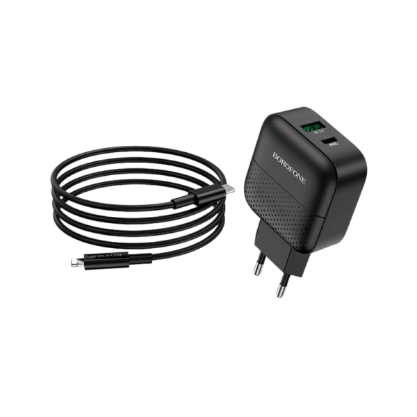 Сетевое З/У Borofone BA46A 1USB/Type-C 3.0A 18W QC3.0 с кабелем Type-C-Lightning черный (1/32/128)