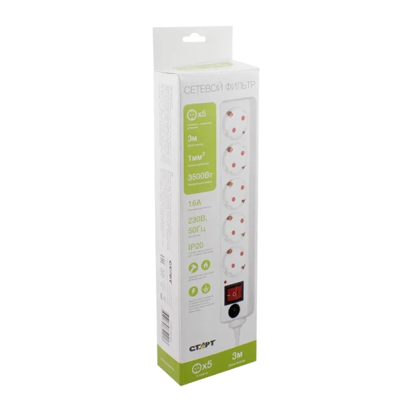 Сетевой фильтр Старт SP 5р.С/З 16A с выкл. 3.0м ПВС белый (1/20)