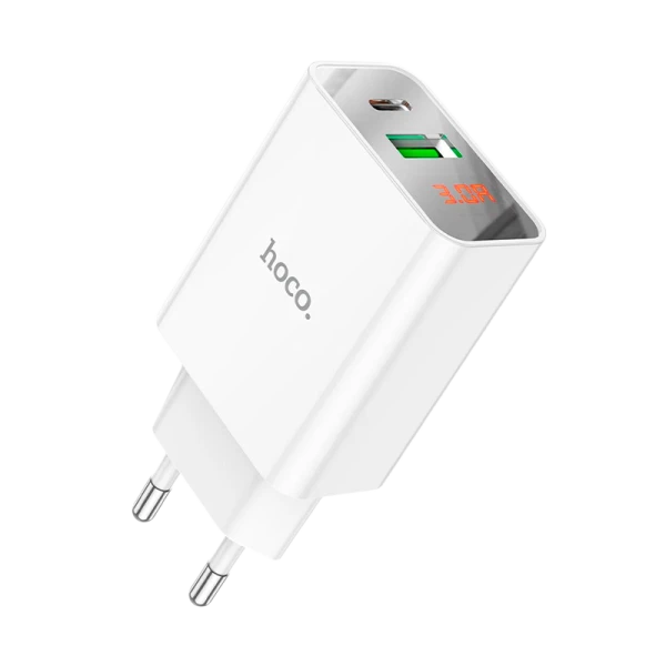 Сетевое З/У HOCO C100A 1USB/Type-C 3.0A 20W QC3.0 дисплей белый (1/13/130)