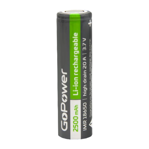 Аккумулятор Li-ion GoPower IMR18650 PC1 20A 3.7V 2500mAh без защиты выс.ток плос.конт. (1/100/400)