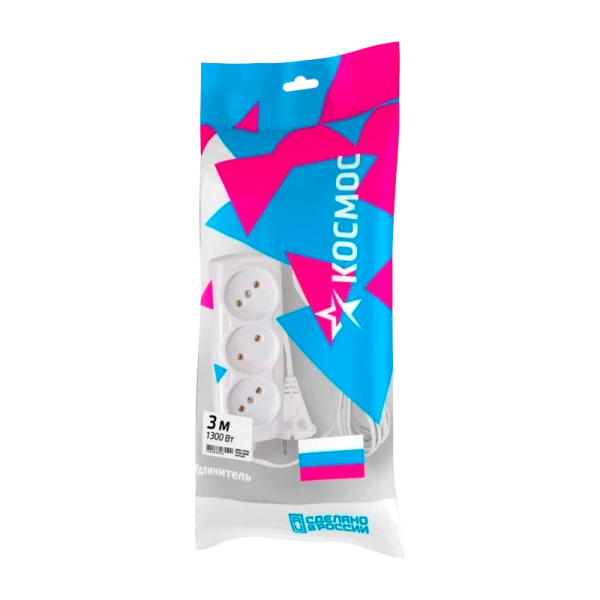 *Удлинитель Космос 3р.Б/З 6A 3.0м ШВВП 2x0.75мм белый (1/60) 