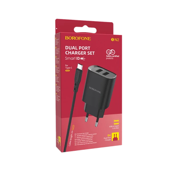 Сетевое З/У Borofone BN2 2USB 2.1A с кабелем Lightning черный (1/35/140)