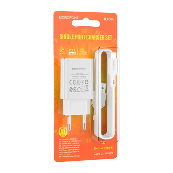 Сетевое З/У Borofone BA68A 1USB Type-C (m) 2.1A белый (1/60/240)