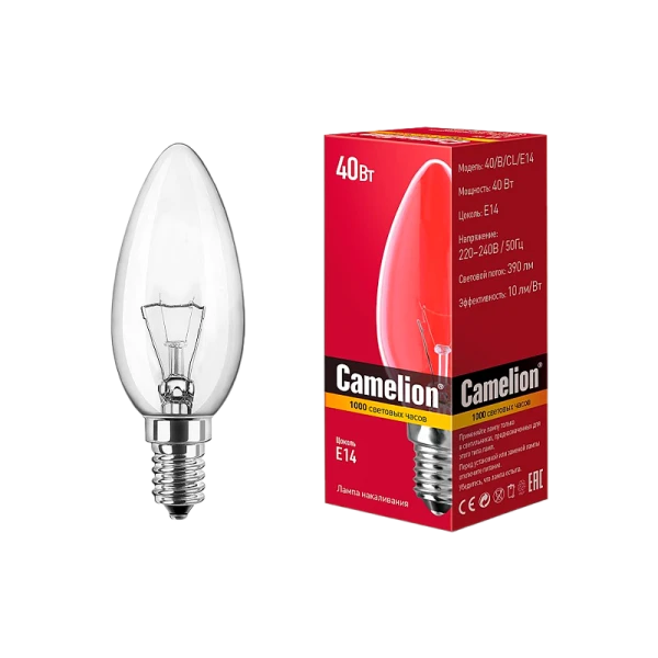 Лампа накаливания Camelion E14 40W 220V свеча прозрачная (1/100)