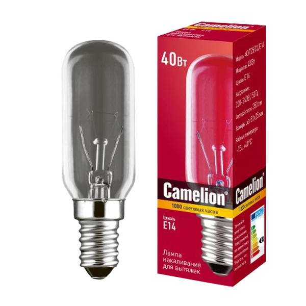 Лампа накаливания Camelion E14 40W 220-240V цилиндр для вытяжек прозрачная (1/10/500)