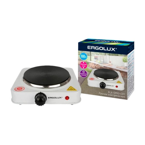 Электроплитка Ergolux ELX-EP03-C01 1 конф., дисковый нагр.эл.1000Вт, 220-240В белая (1/12)
