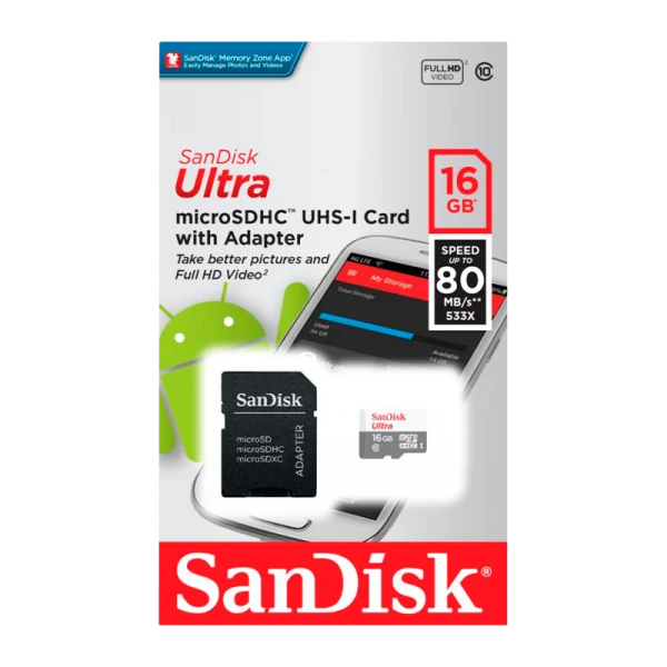Карта памяти microSD SanDisk ULTRA 16GB Class10 UHS-I (U1) 80 МБ/сек с адаптером