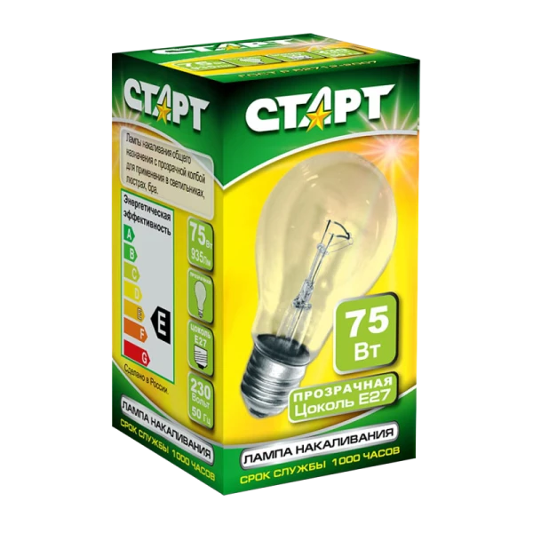 Лампа накаливания Старт E27 75W 220-240V груша Б прозрачная (1/10/50)