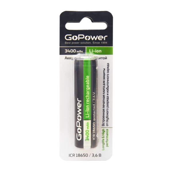 Аккумулятор Li-ion GoPower NCR18650 (Pan. NCR18650B) BL1 3.6V 3400mAh с защитой выс.конт. (1/155)