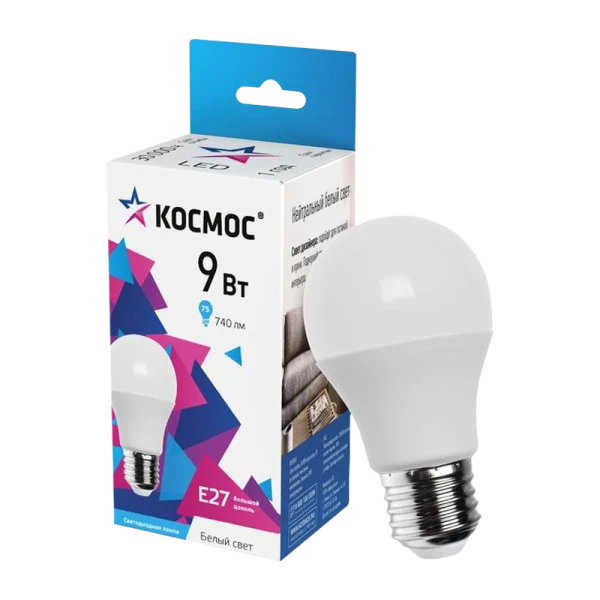 *Лампа светодиодная Космос A55 E27 9W 4500К 200-240V груша матовая (1/10/80) 