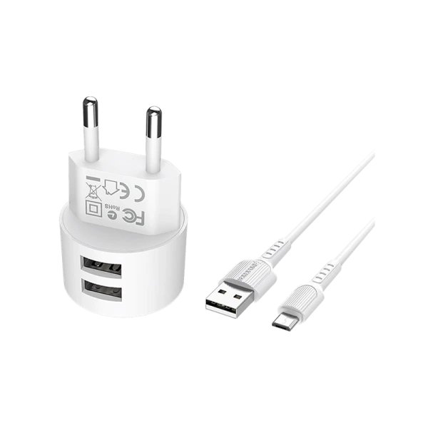 Сетевое З/У Borofone BA23A 2USB 2.4A с кабелем microUSB белый (1/36/144)