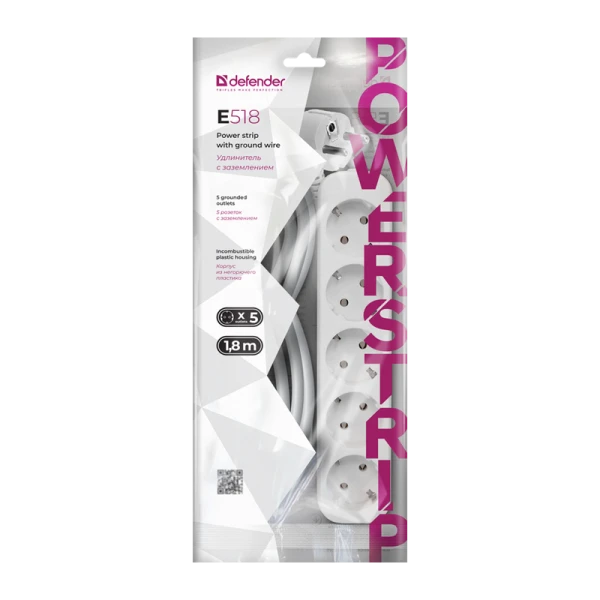 Удлинитель Defender E518 5р.С/З 10A 1.8м белый