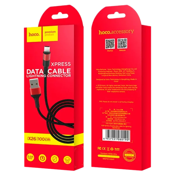 Кабель HOCO X26 USB (m)-Lightning (m) 1.0м 2.0A нейлон черный красный (1/30/300)