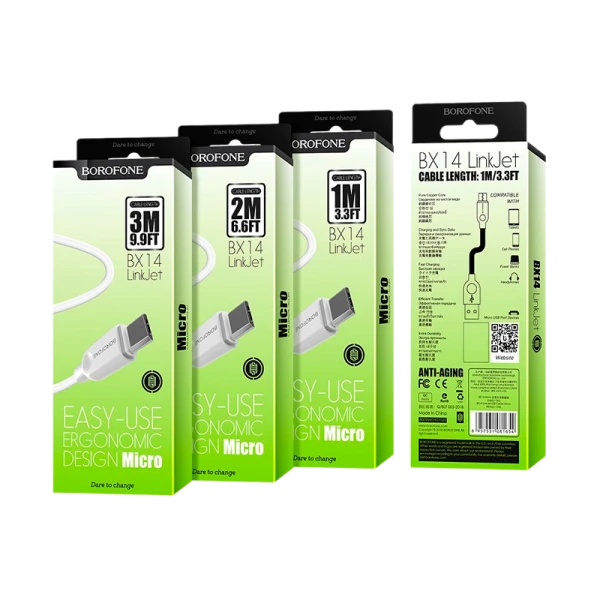 Кабель Borofone BX14 USB (m)-microUSB (m) 1.0м 2.0A ПВХ белый (1/360)