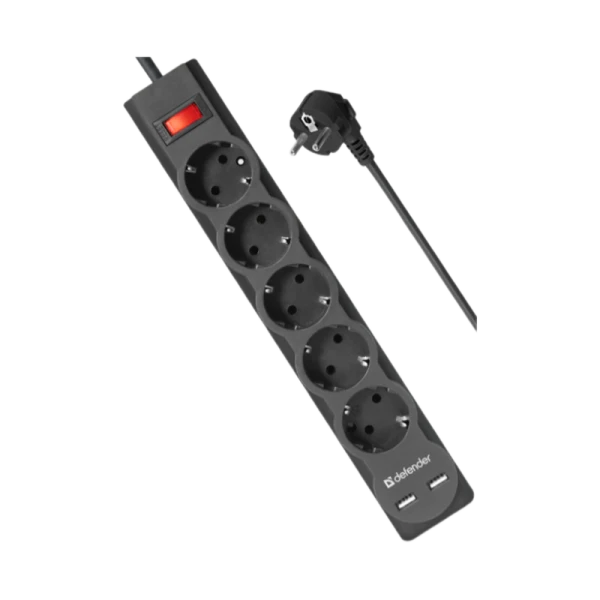 Сетевой фильтр Defender DFS 753 5р.С/З 10A 2USB 220 Дж 3.0м черный (1/30)