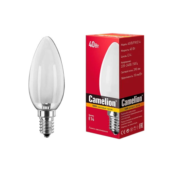 Лампа накаливания Camelion E14 40W 220V свеча матовая (1/100)