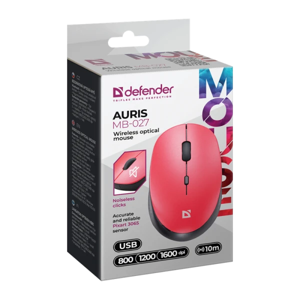 Мышь беспроводная Defender MB-027 Auris бесшумная bluetooth красный (1/40)