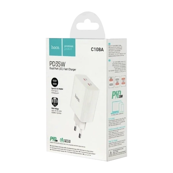 Сетевое З/У HOCO C108A 2Type-C 35W с кабелем Type-C-Lightning белый (1/22/220)