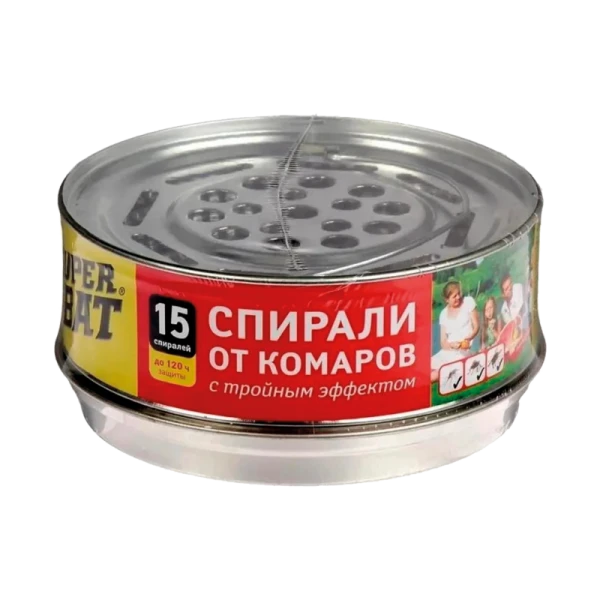Спирали SuperBAT от комаров бездымные, тройного действия 15шт. красный в металической банке (1/24)
