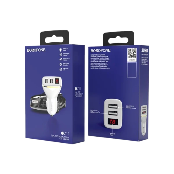Автомобильное З/У Borofone BZ11 2USB 2.1A дисплей белый (1/42/168)