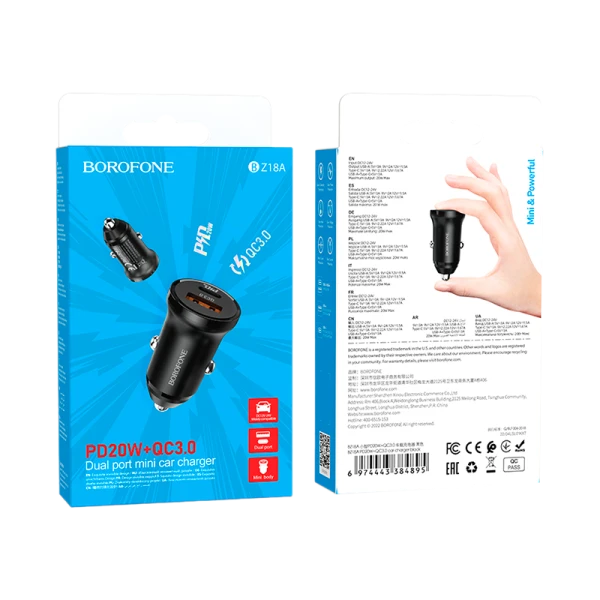Автомобильное З/У Borofone BZ18A 1USB/Type-C 20W QC3.0 черный (1/48/192)