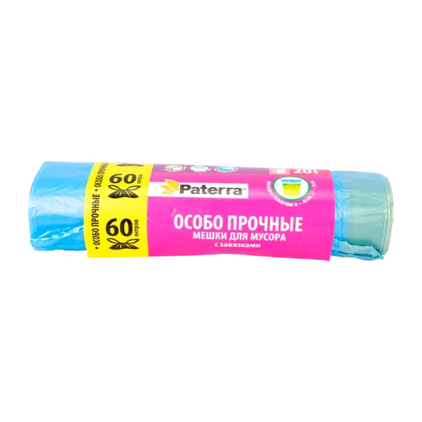 Мешки для мусора "ОСОБО ПРОЧНЫЕ", 60 л, с завязками, 12 мкм, 20 шт. в рулоне, PATERRA (1/25)