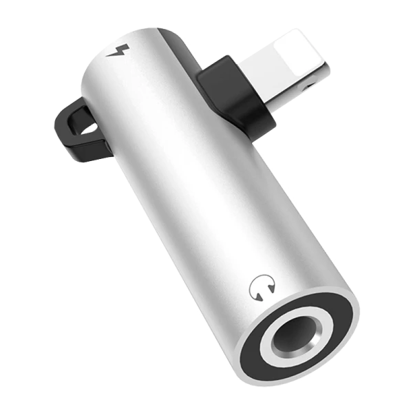 Переходник AUX HOCO LS21 Jack 3.5mm (f)-Lightning (m)/Lightning (f) пластик серебряный (1/30/300)