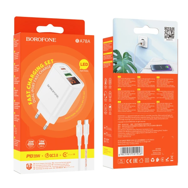 Сетевое З/У Borofone BA78A 1USB/Type-C 20W QC3.0 с кабелем Type-C-Type-C белый (1/35/140)